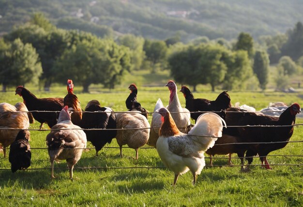 Foto amigos emplumados brincam com um conto encantador da fazenda de galinhas