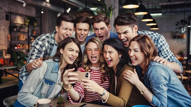 Foto amigos engraçados da geração do milênio tirando selfie em grupo no smartphone em um café