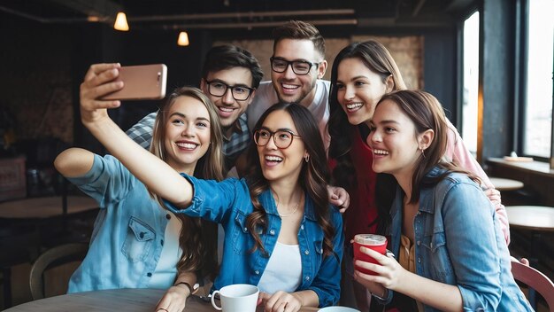 Amigos engraçados da geração do milênio tirando selfie em grupo no smartphone em um café