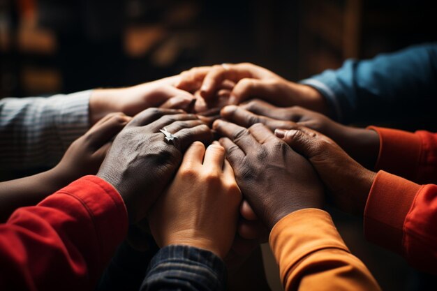 Foto los amigos entrelazados con las manos ejemplifican el trabajo en equipo y un fuerte vínculo