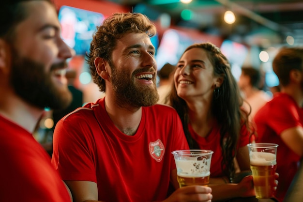 Amigos entusiasmados assistindo a um jogo de esportes em um bar gerado por IA