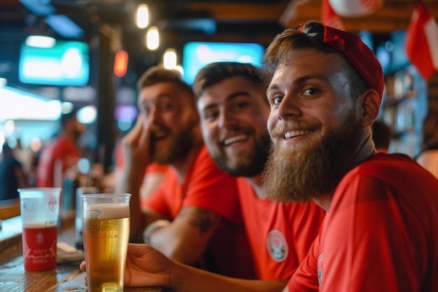 Amigos entusiasmados assistindo a um jogo de esportes em um bar gerado por IA
