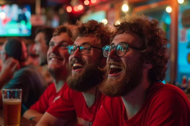 Amigos entusiasmados assistindo a um jogo de esportes em um bar gerado por IA