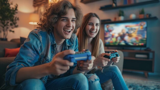 Amigos entusiasmados jogando videogames no console em casa Amigos entusiastas se reúnem em casa absorvidos em videogames multijogador em um console irradiando alegria e camaradagem