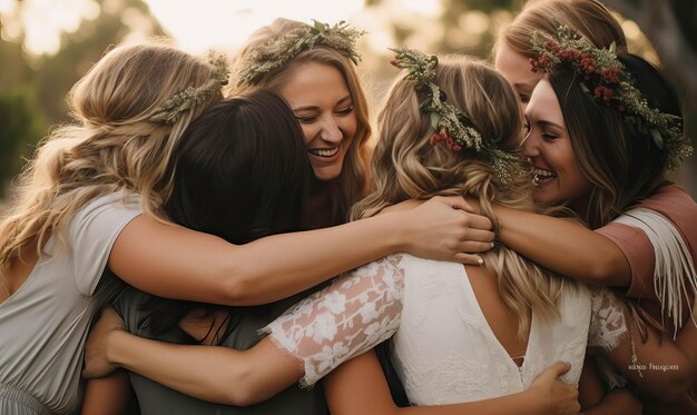 Foto amigos envolvidos em um grupo abraçam seu amor e apoio visíveis em seu abraço