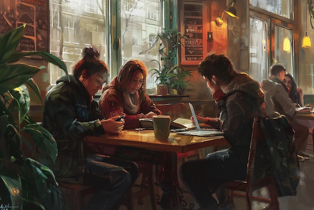 Amigos estudiando juntos en un acogedor puesto de la esquina