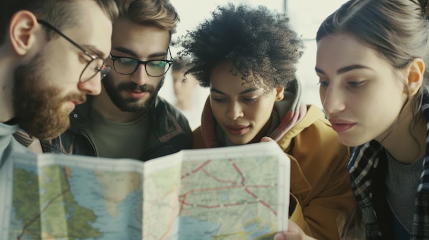 Amigos exploram novos horizontes juntos analisando um mapa em uma viagem emocionante