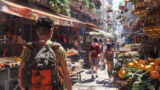 Amigos exploram um movimentado mercado da cidade