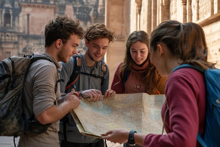 Amigos explorando un sitio antiguo mientras estudian un mapa en un lugar histórico IA generativa
