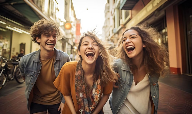 Amigos explorando uma paisagem urbana vibrante, suas risadas e emoção enchendo o ar