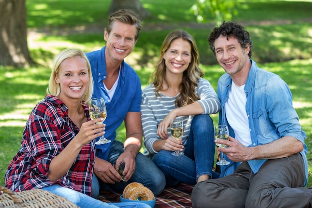 Amigos fazendo um piquenique com vinho