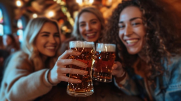 Amigos felices bebiendo cerveza juntos en el pub