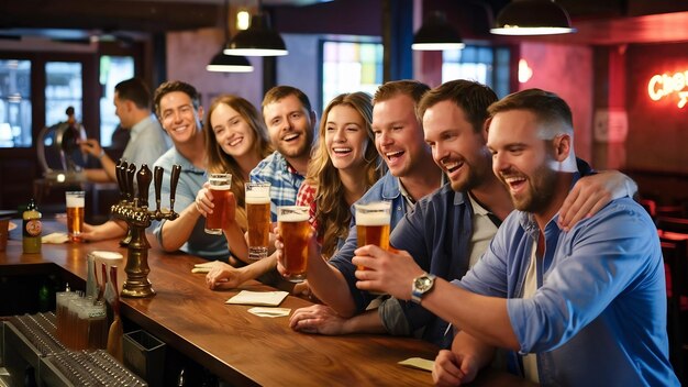 Amigos felices bebiendo cerveza en el mostrador del pub.