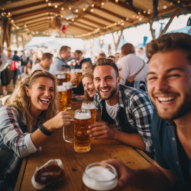 amigos felices bebiendo cervezas en un festival de cerveza