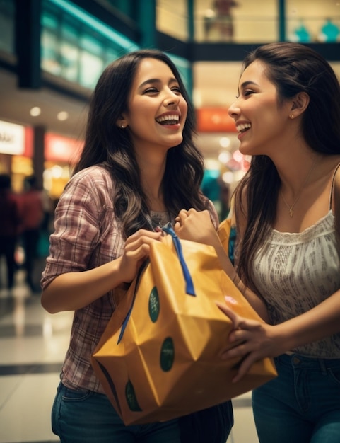 Foto amigos felices celebran compras en un centro comercial en colombia