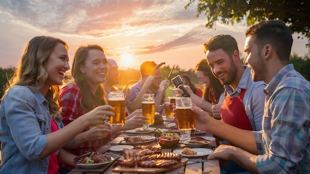Amigos felices comiendo y bebiendo cervezas en una cena de barbacoa a la hora de la puesta del sol