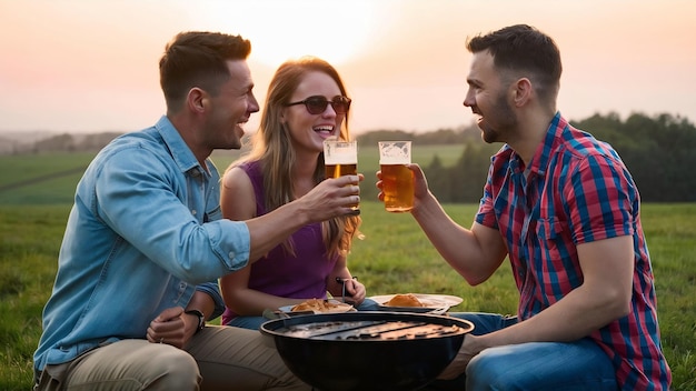 Amigos felices comiendo y bebiendo cervezas en una cena de barbacoa a la hora de la puesta del sol