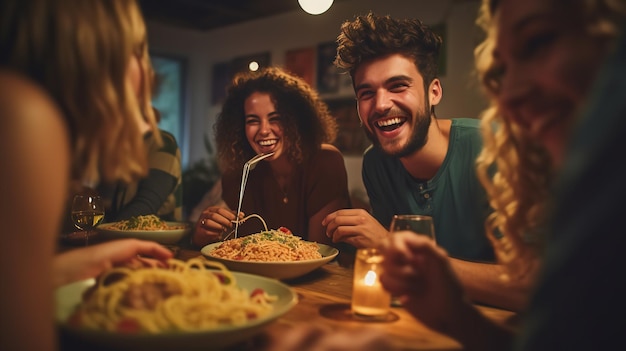 Amigos felices comiendo pasta Generativo Ai