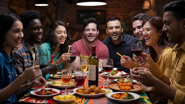 Amigos felices comiendo tapas