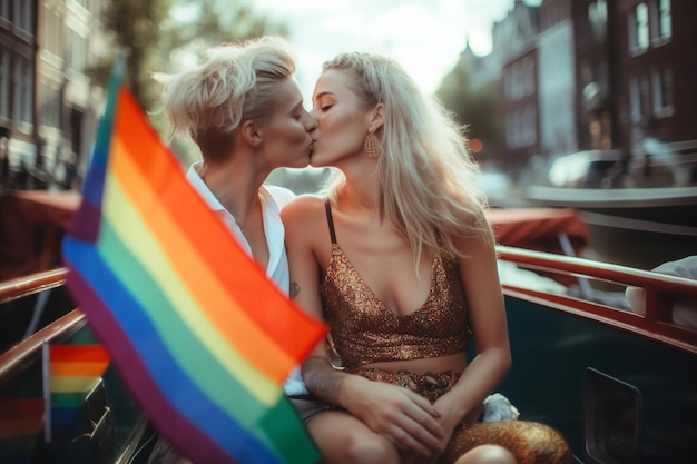 Amigos felices en el Desfile del Orgullo LGBTQ en Ámsterdam Celebración del Orgullo Gay en Ámsterdam