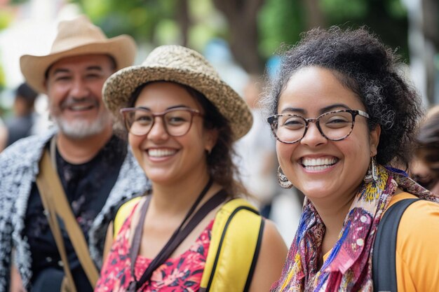 Amigos felices disfrutando de un día soleado en un vibrante evento al aire libre en la ciudad AI generativa