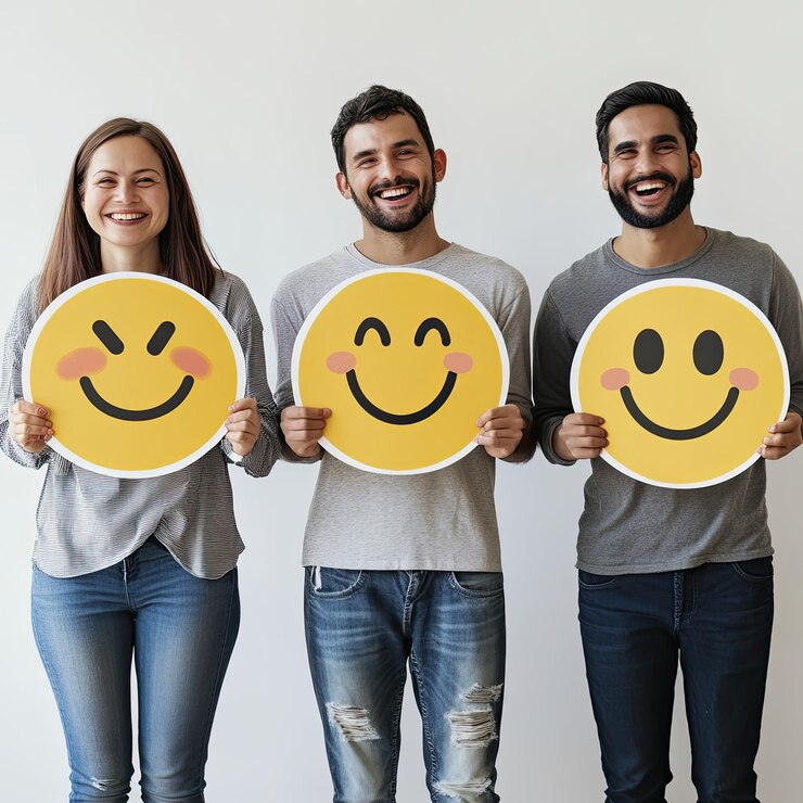 Amigos felices y diversos con emojis sonrientes Concepto de felicidad amistad y emociones positivas