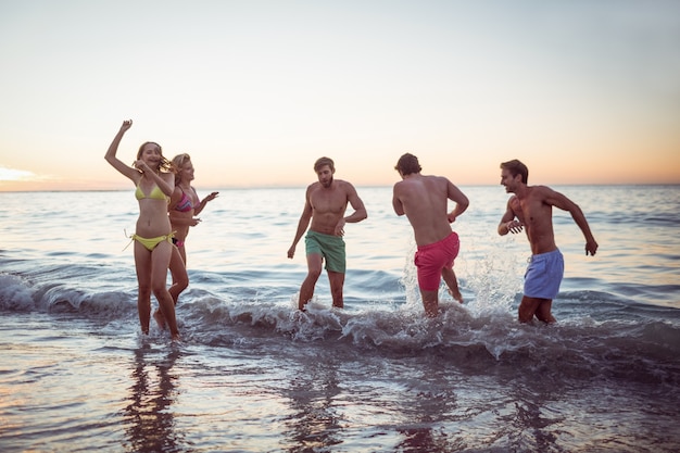 Amigos felices divirtiéndose en el agua