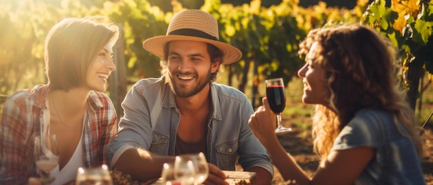 Foto amigos felices divirtiéndose bebiendo vino en la bodega concepto de amistad con los jóvenes