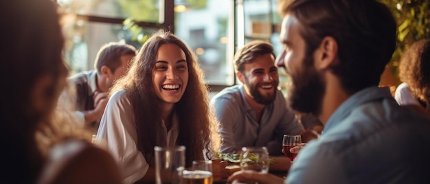 amigos felices están comiendo, bebiendo, hablando y sonriendo mientras pasan tiempo juntos en el café