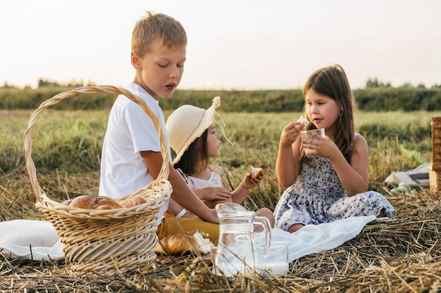 Amigos felices hablan, comen bollos y beben leche sentados en una manta en el campo Niños pequeños descansando en la vista lateral de la hierba