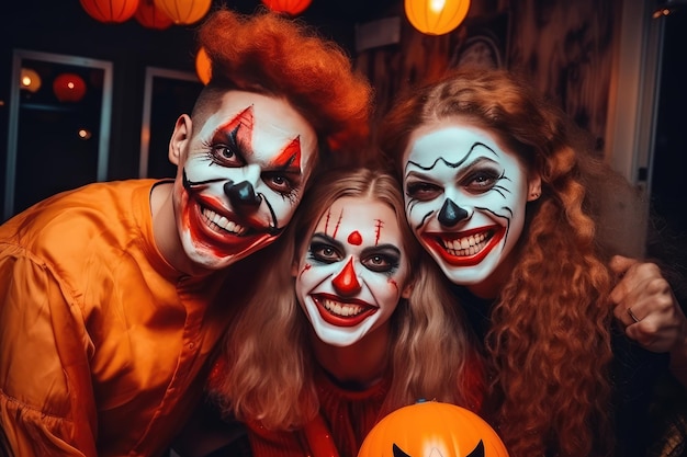 Amigos felices con maquillaje aterrador Mascarada de monstruos Maquillaje de Halloween en las caras Fiesta de disfraces divertidos Actores de la sala de escape Payasos aterradores Haciendo muecas Ilustración generativa de IA