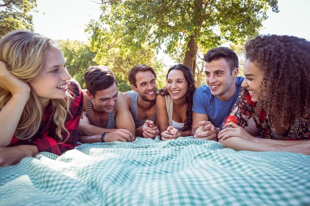 Amigos felices en el parque con picnic