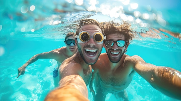 Amigos felices posan para una selfie en el mar con el telón de fondo del océano azul y brumoso AI generativa