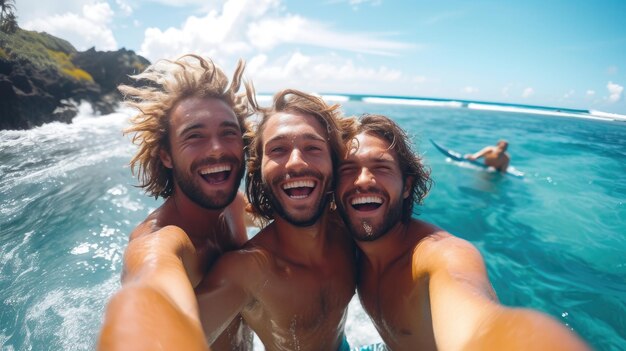 Amigos felices posan para una selfie en el mar con el telón de fondo del océano azul y brumoso AI generativa