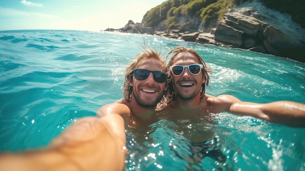Amigos felices posan para una selfie en el mar con el telón de fondo del océano azul y brumoso AI generativa