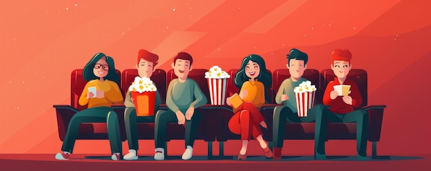 Amigos felices sentados en el cine viendo la película Generative ai