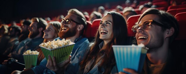 Foto amigos felices sentados en el cine viendo películas generative ai