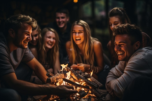 Amigos felices sentados y riendo en una hoguera en el bosque.