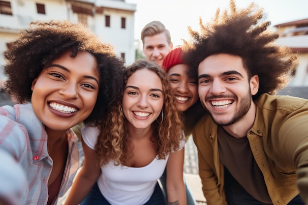 Amigos felices tomando una foto selfie con un teléfono inteligente al aire libre