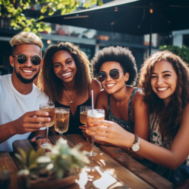 Amigos felices de varias razas brindando copas de cóctel al aire libre en las vacaciones de verano