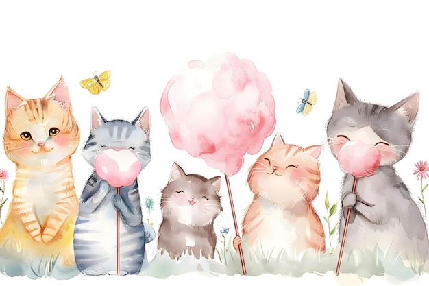 Amigos felinos caprichosos desfrutando de algodão doce em aquarela mínima