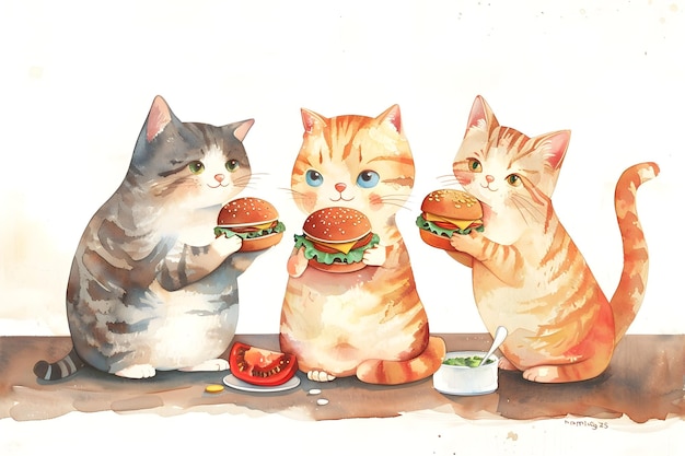 Amigos felinos curiosos disfrutando de hamburguesas con queso en un fondo texturizado de acuarela minimalista