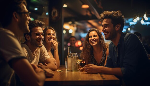 Amigos felizes a animar e a beber cerveja numa festa no bar.