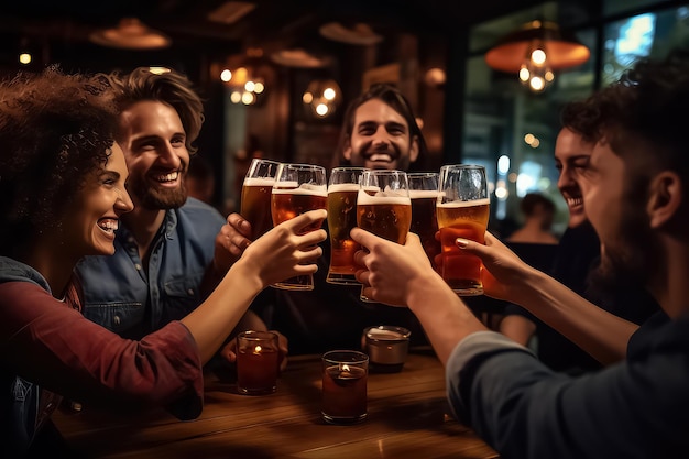 Amigos felizes a beber cerveja num bar de cervejaria.