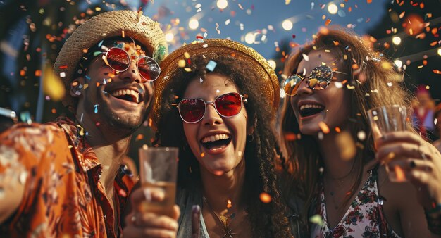 Amigos felizes a celebrar uma festa de carnaval.