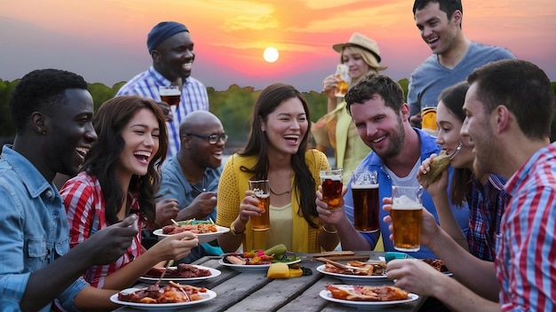 Amigos felizes a comer e a beber cervejas num jantar de churrasco ao pôr-do-sol.