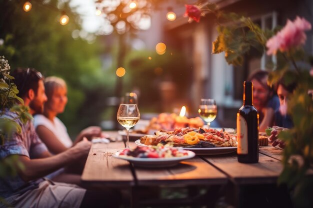 Amigos felizes a divertir-se ao ar livre Um grupo de amigos a fazer uma festa de jantar no quintal