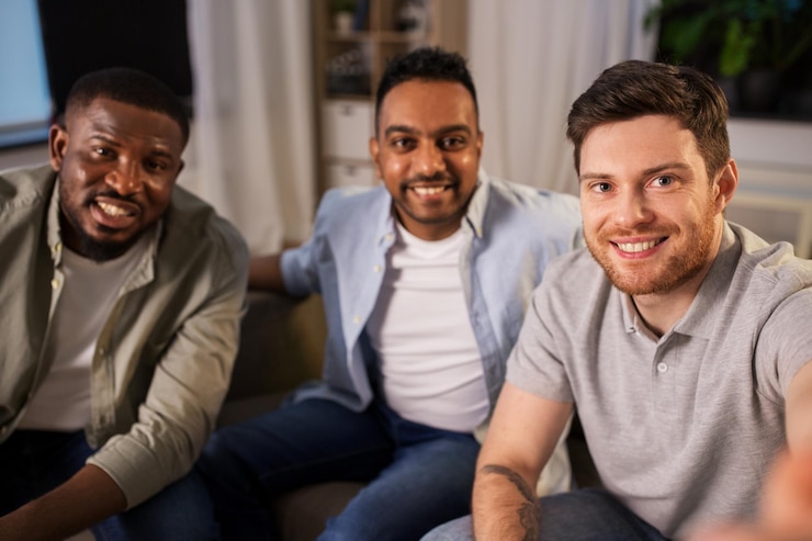 Foto amigos felizes a tirar selfie em casa.