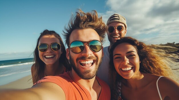 Foto amigos felizes a tirar selfie na praia num dia ensolarado.