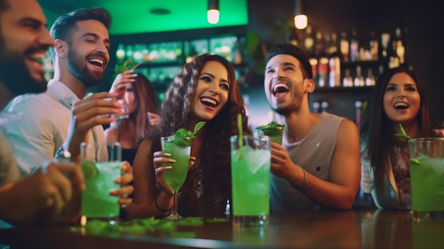 Foto amigos felizes aplaudindo coquetel mojito na mesa bar restaurante grupo jovem de pessoas da moda tendo